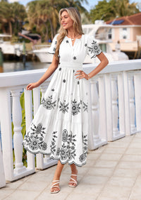 PRETTYGARDEN Boho Dresses for Women Summer Spring Casual Floral Short Sleeve V Neck Maxi Elastic Waist Dress Pockets