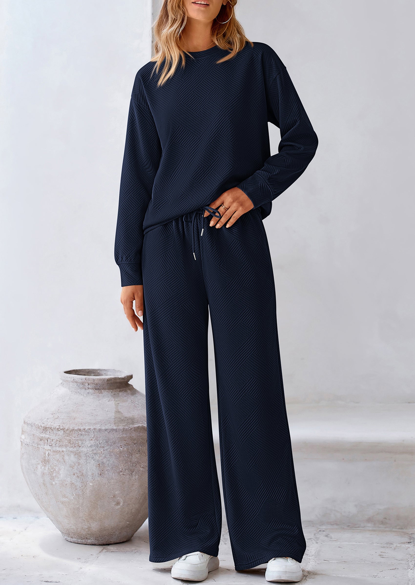 PRETTYGARDEN 2 Piece Long Sleeve Pullover Tops and Wide Leg Pants Knitted Lounge Sets PRETTYGARDEN