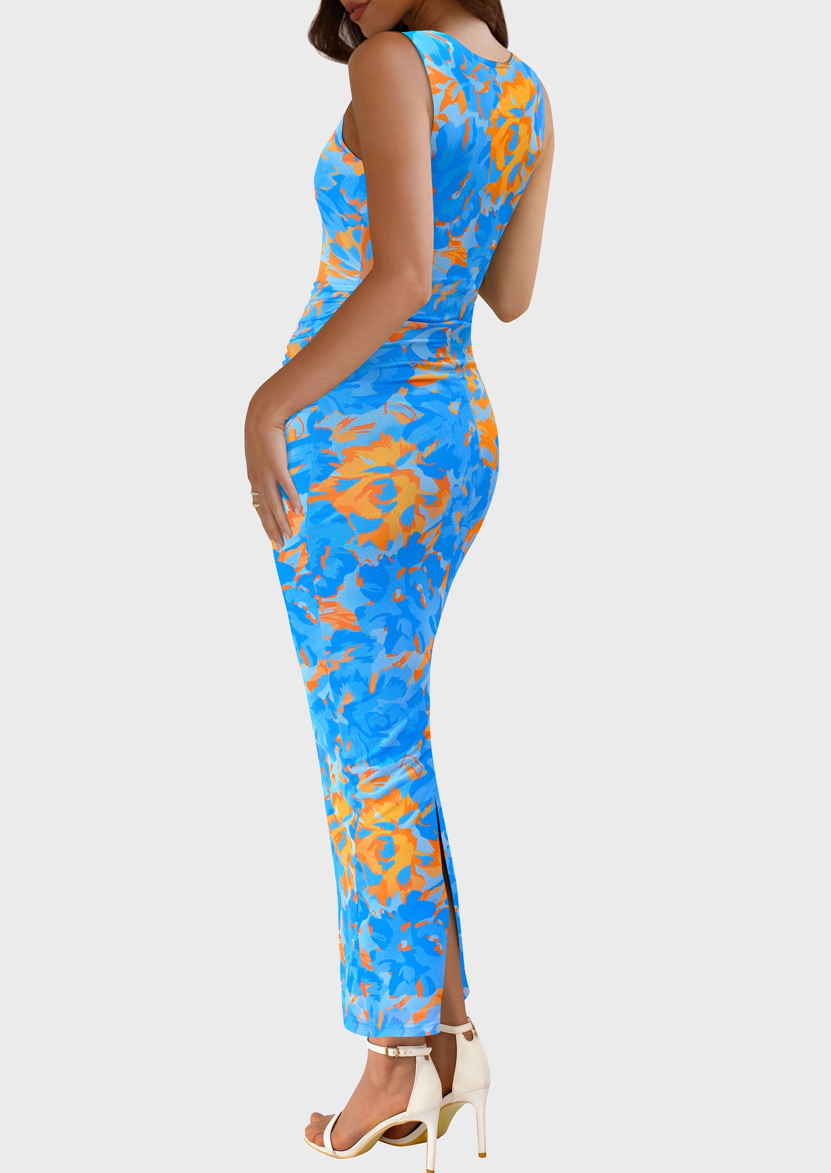 PRETTYGARDEN Wedding Guest Dresses for Women Spring Floral Bodycon Sleeveless Mesh Maxi Long Dress