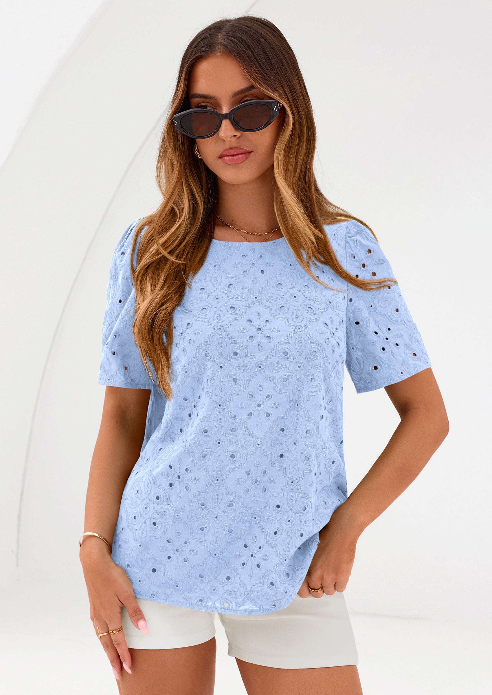 PRETTYGARDEN Women's Puff Short Sleeve Eyelet Shirts Summer Lace Blouses Dressy Casual Work Tops Spring Teacher Clothes PRETTYGARDEN