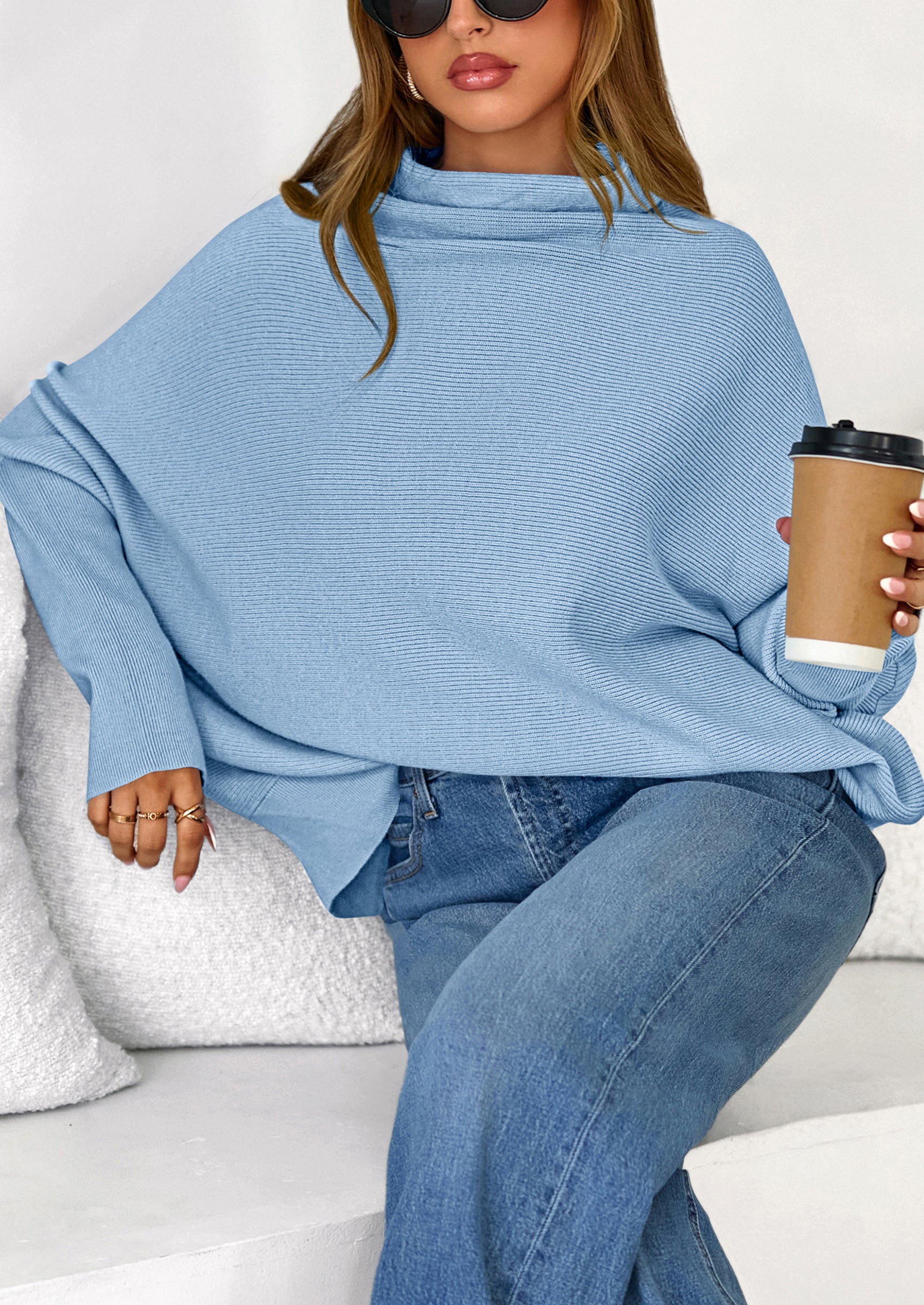 PRETTYGARDEN Womens Sweaters Fall Fashion Casual Loose Turtleneck Batwing Long Sleeve Knit Sweater Pullover Tops