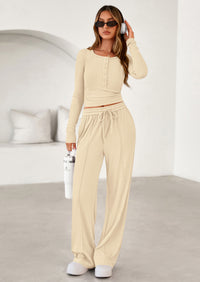 PRETTYGARDEN Women's Fall Trendy 2 Piece Outfits Lounge Sets Long Sleeve Top Henley Shirts Wide Leg Pants Travel Clothes