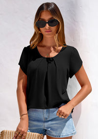 PRETTYGARDEN Summer Tops for Women Short Sleeve Crew Neck Pleated T Shirts Dressy Casual Blouses Spring Fashion Clothes PRETTYGARDEN