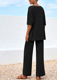 PRETTYGARDEN Women's 2 Piece Outfits Summer Casual V Neck Short Sleeve Tops Wide Leg Pants Matching Lounge Sets