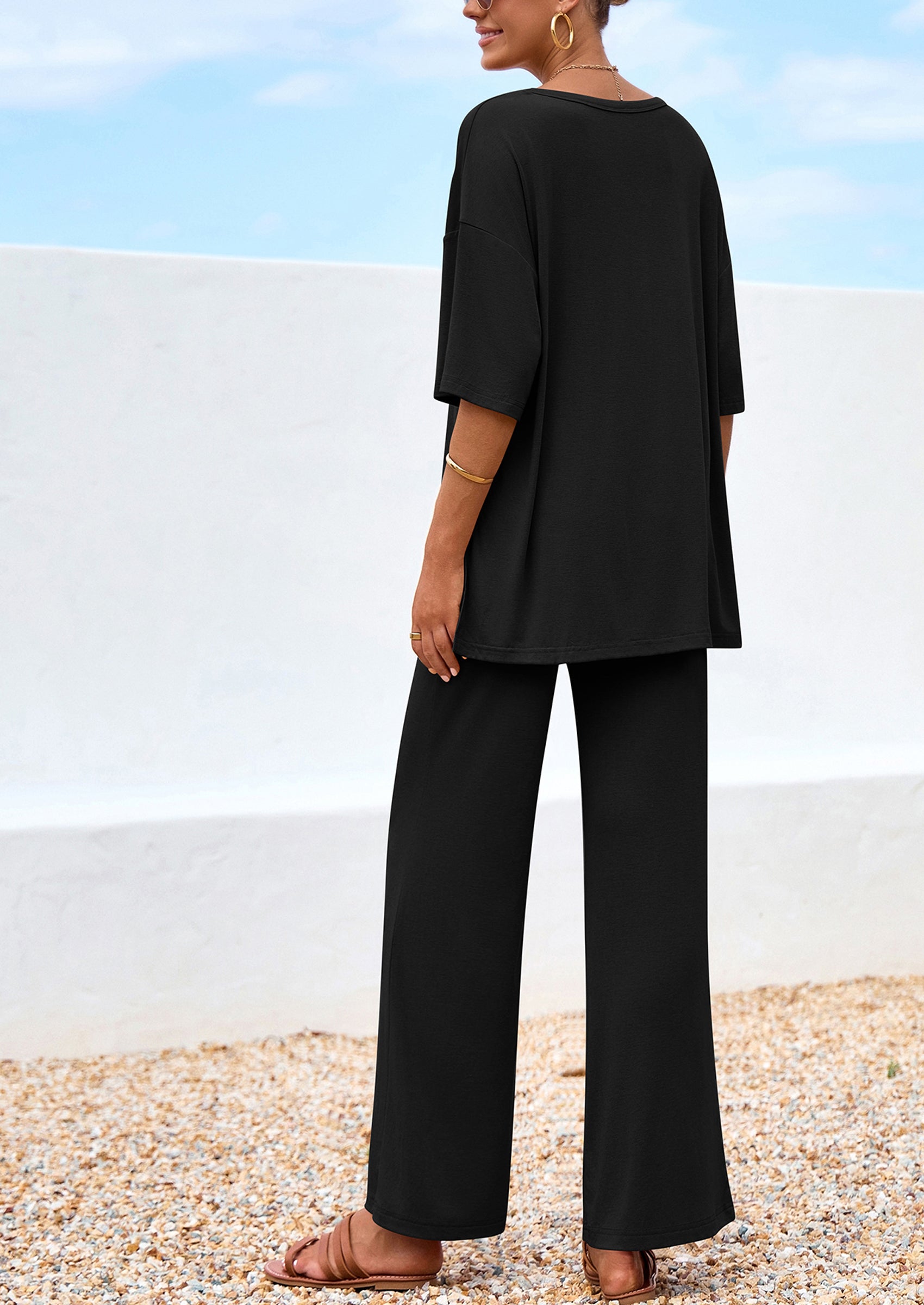 PRETTYGARDEN Women's 2 Piece Outfits Summer Casual V Neck Short Sleeve Tops Wide Leg Pants Matching Lounge Sets