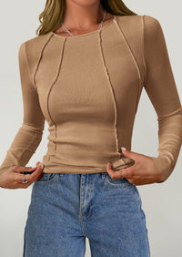KIRUNDO Ribbed Long Sleeve Tops for Women Stretch Slim Basic Crop Tee Exposed Seams Spring Fall Fashion Trendy Tshirt
