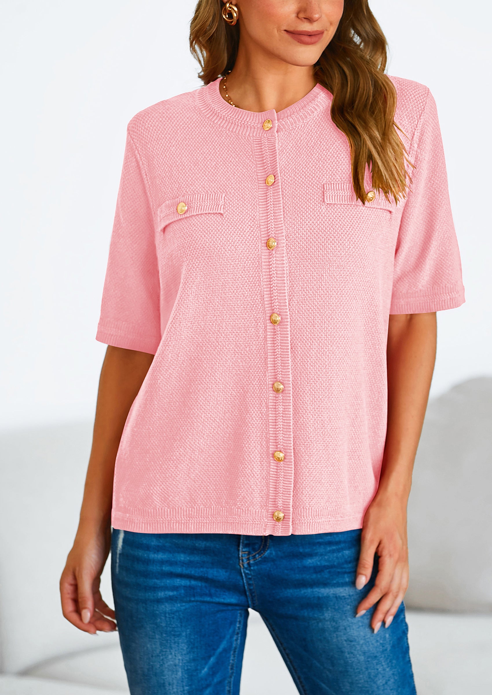 PRETTYGARDEN Women's Summer Button Down Shirts Casual Short Sleeve Crew Neck Ribbed Knit Blouse Top Cardigans