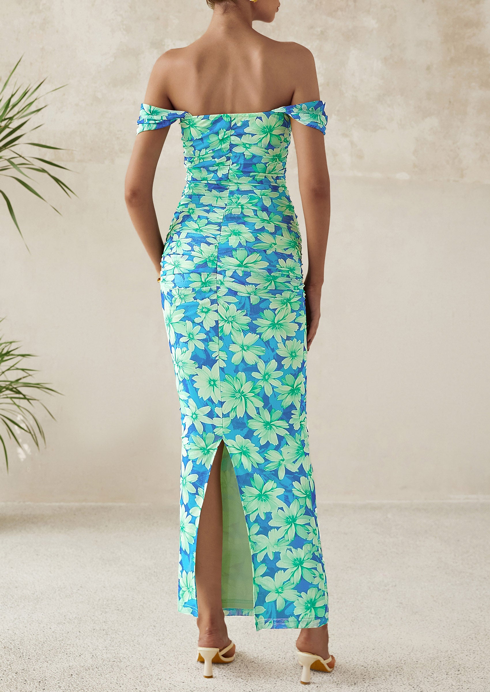 PRETTYGARDEN Maxi Dresses for Women Summer Elegant Floral Off Shoulder Ruched Mesh Cocktail Wedding Guest Dress