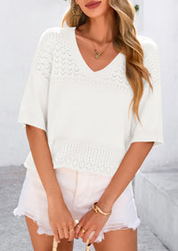 PRETTYGARDEN Women's Short Sleeve Sweater Tops Spring Summer Casual V Neck Ribbed Knit Trendy Eyelet Blouse T Shirts