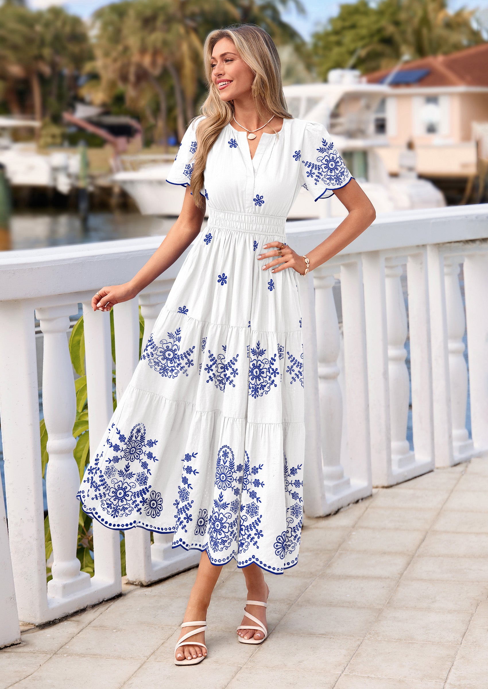PRETTYGARDEN Boho Dresses for Women Summer Spring Casual Floral Short Sleeve V Neck Maxi Elastic Waist Dress Pockets