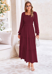 PRETTYGARDEN Fall Wedding Guest Dresses for Women Long Sleeve Square Neck Tiered A Line Modest Elegant Flowy Dresses