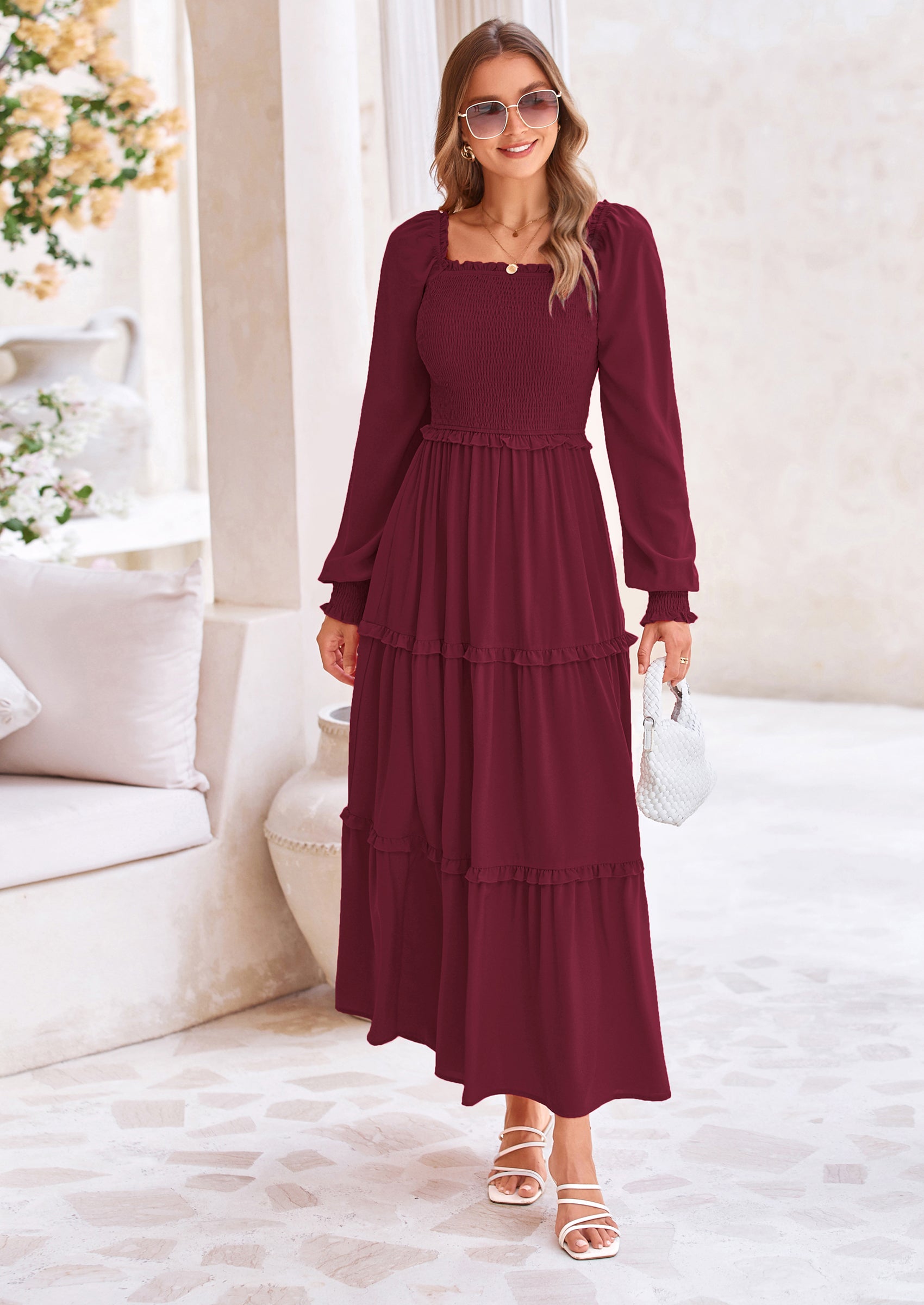 PRETTYGARDEN Fall Wedding Guest Dresses for Women Long Sleeve Square Neck Tiered A Line Modest Elegant Flowy Dresses