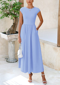 PRETTYGARDEN Women's Casual Long Dresses Cap Sleeve Patchwork A Line Flowy Modest Elegant Homecoming Maxi Dress