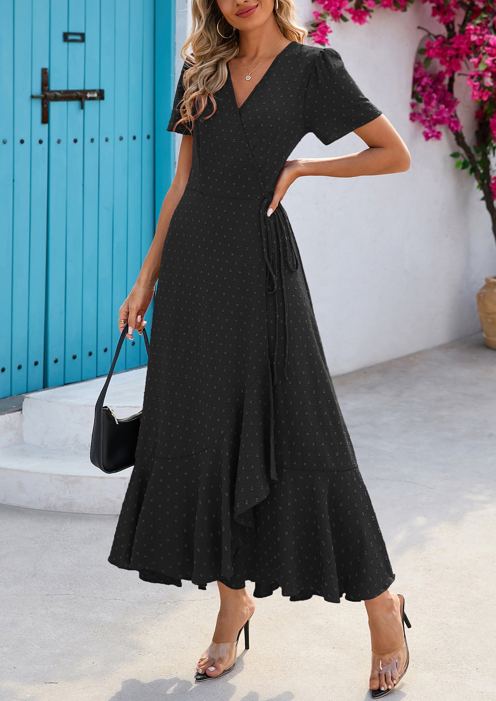 PRETTYGARDEN Women's Summer Maxi Dress Casual Wrap Floral Boho Short Sleeve V Neck Split Ruffle Beach Long Dresses