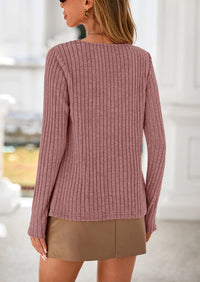 PRETTYGARDEN Women's Long Sleeve Shirts Fall Fashion Clothes Casual Ribbed V Neck Loose Tunic Tops Lightweight Sweaters