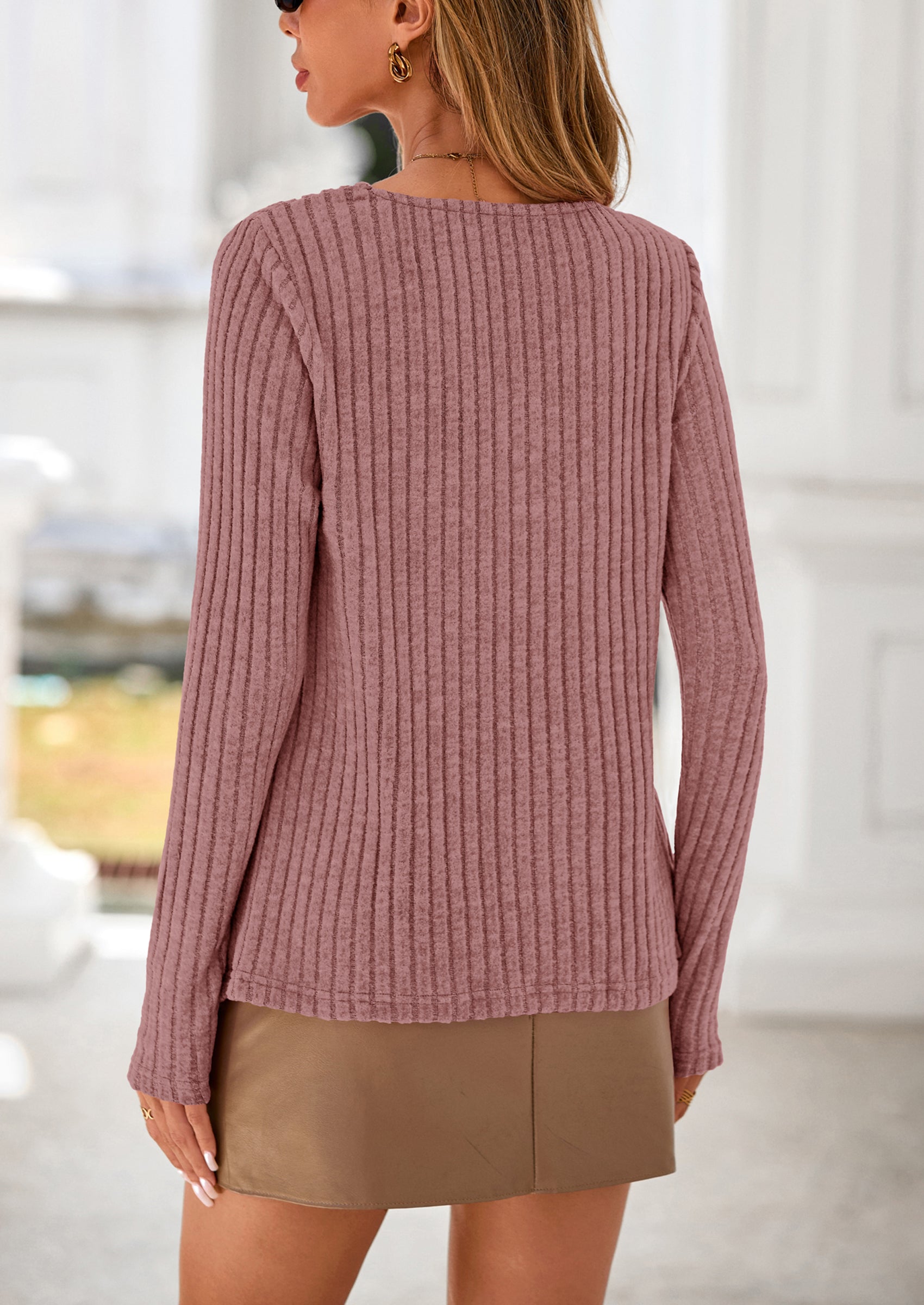 PRETTYGARDEN Women's Long Sleeve Shirts Fall Fashion Clothes Casual Ribbed V Neck Loose Tunic Tops Lightweight Sweaters