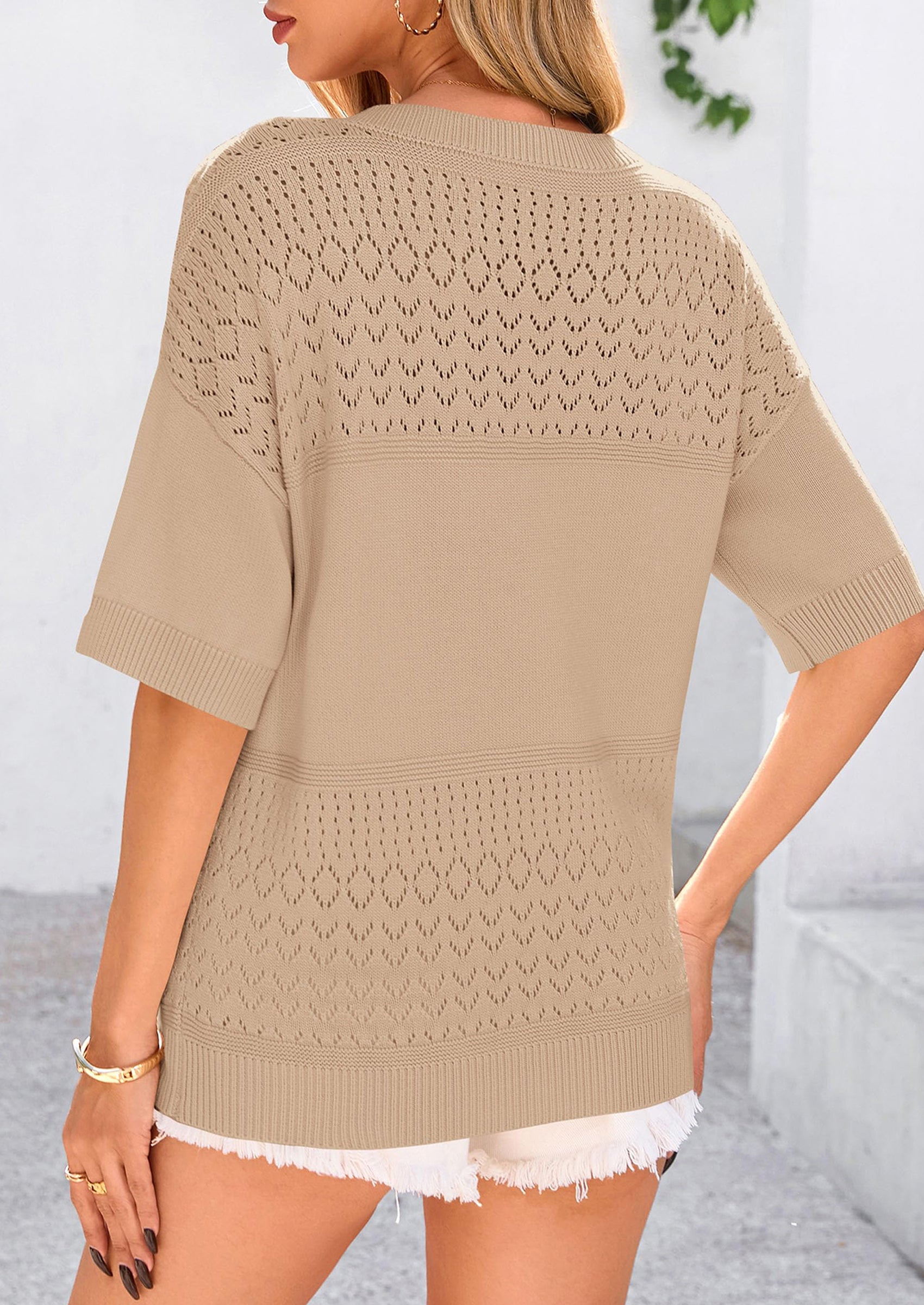 PRETTYGARDEN Women's Short Sleeve Sweater Tops Spring Summer Casual V Neck Ribbed Knit Trendy Eyelet Blouse T Shirts