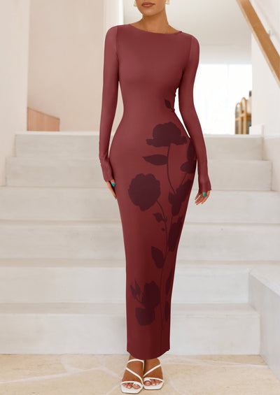 PRETTYGARDEN Bodycon Maxi Dress Fall Floral Long Sleeve Sexy Mesh Cocktail Wedding Guest Long Dresses