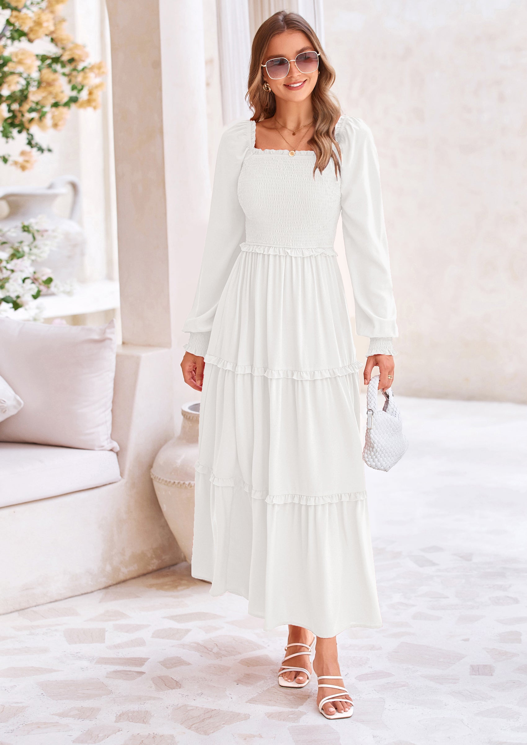 PRETTYGARDEN Fall Wedding Guest Dresses for Women Long Sleeve Square Neck Tiered A Line Modest Elegant Flowy Dresses
