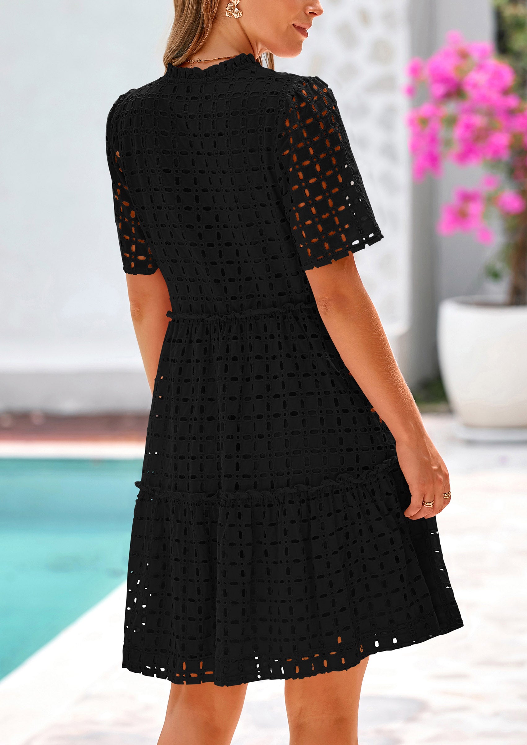 PRETTYGARDEN Women's Short Sleeve Mini Dress Summer V Neck Hollow Out Eyelet Ruffle A Line Swing Short Dresses