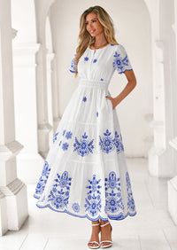 PRETTYGARDEN Boho Dresses for Women Summer Spring Casual Floral Short Sleeve V Neck Maxi Elastic Waist Dress Pockets PRETTYGARDEN