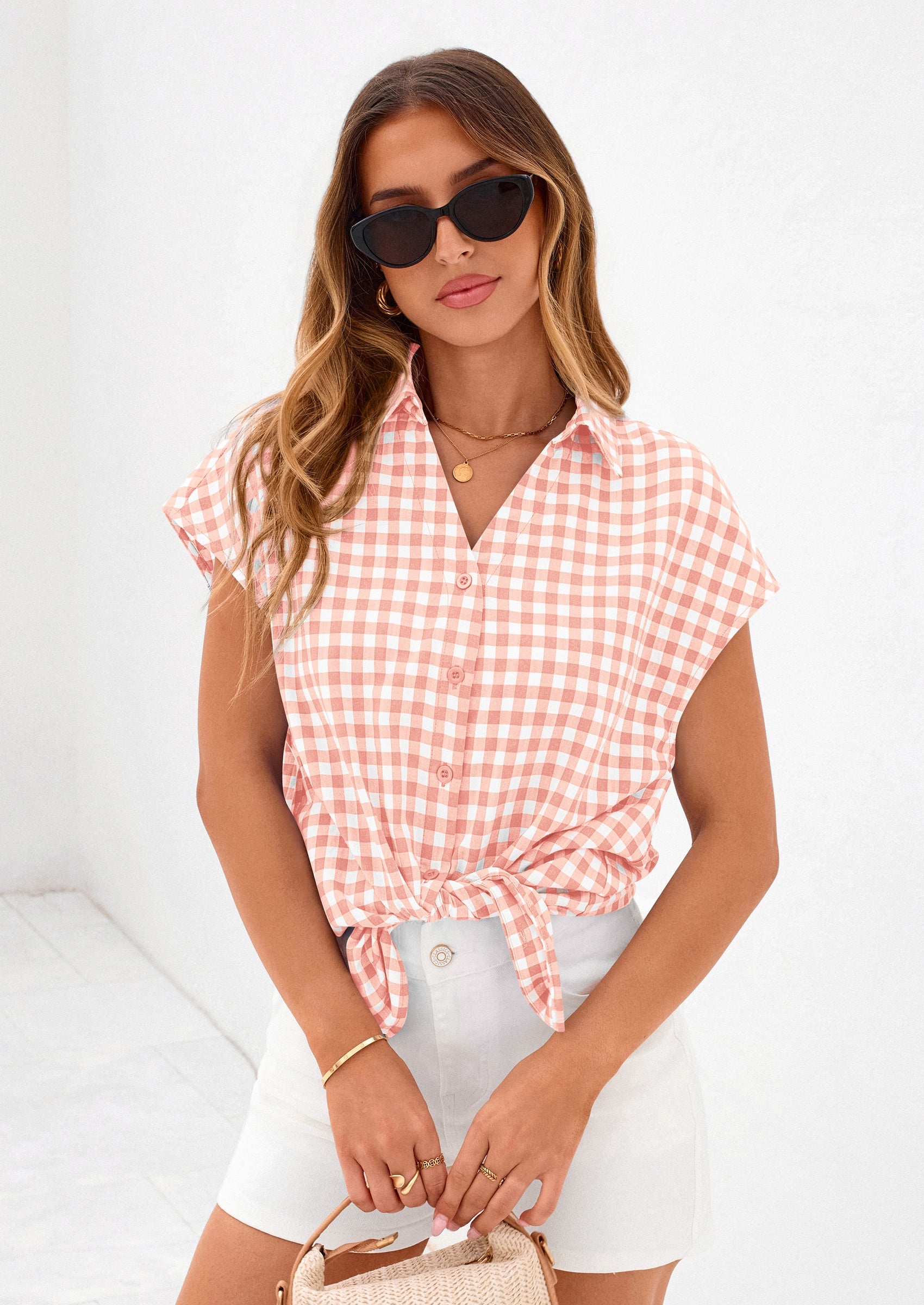 PRETTYGARDEN Womens Button Dwon Shirts V Neck Short Cap Sleeve Collared Plaid Tops Summer Spring Casual Blouses Clothes PRETTYGARDEN