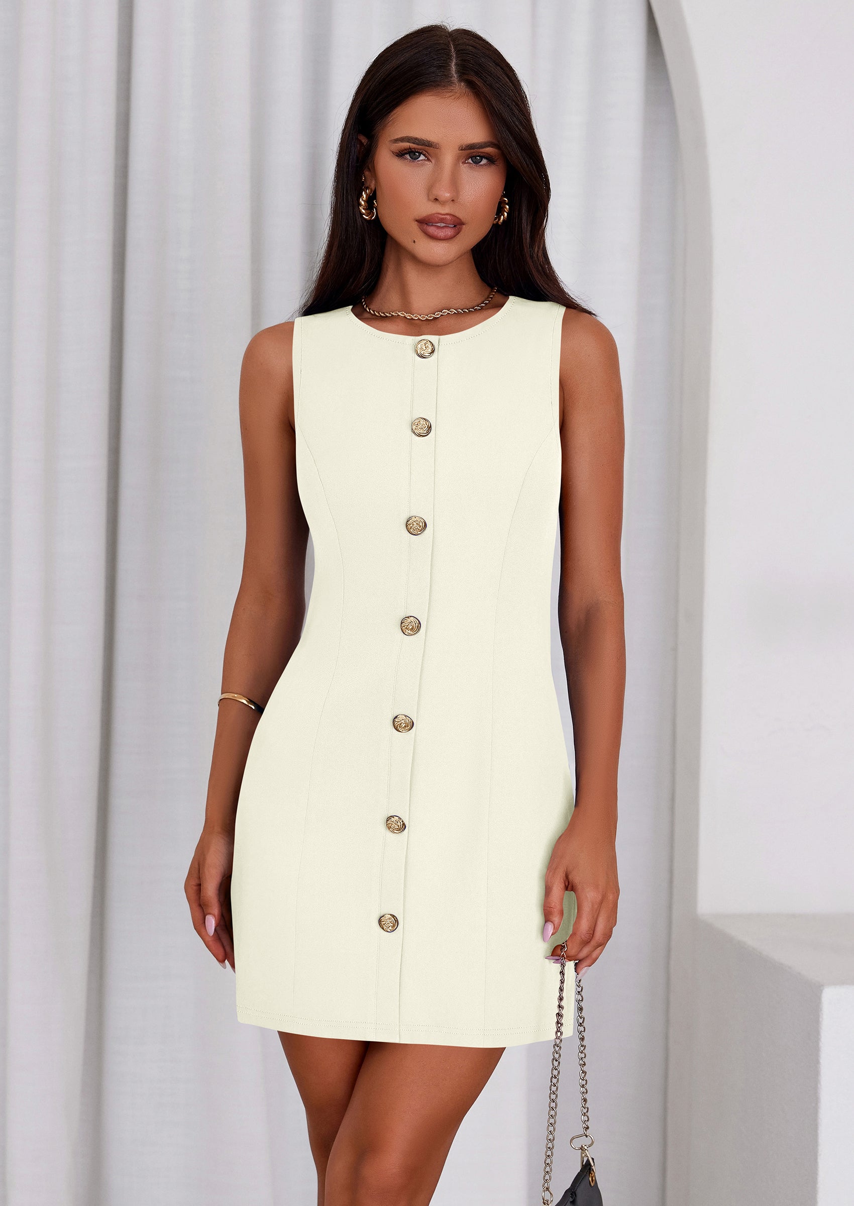 PRETTYGARDEN Work Dresses for Women Spring Business Formal Short Dress Sleeveless Button Down Elegant Office Outfits