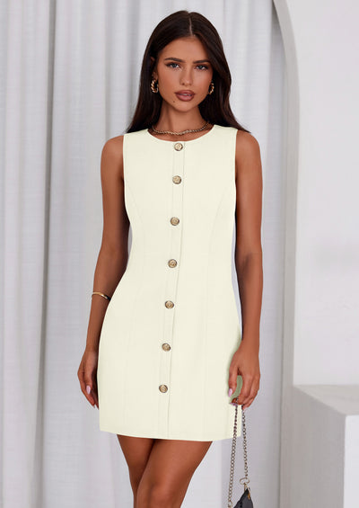 PRETTYGARDEN Work Dresses for Women Spring Business Formal Short Dress Sleeveless Button Down Elegant Office Outfits