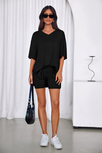 PRETTYGARDEN 2 Piece Sets for Women Summer Lounge Short Set Spring Matching Biker Shorts V Neck Oversized Shirt Clothing PRETTYGARDEN