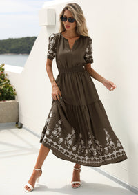 PRETTYGARDEN Women's Summer Boho Maxi Dress Spring Floral Short Sleeve V Neck A Line Flowy Beach Wedding Guest Dresses PRETTYGARDEN