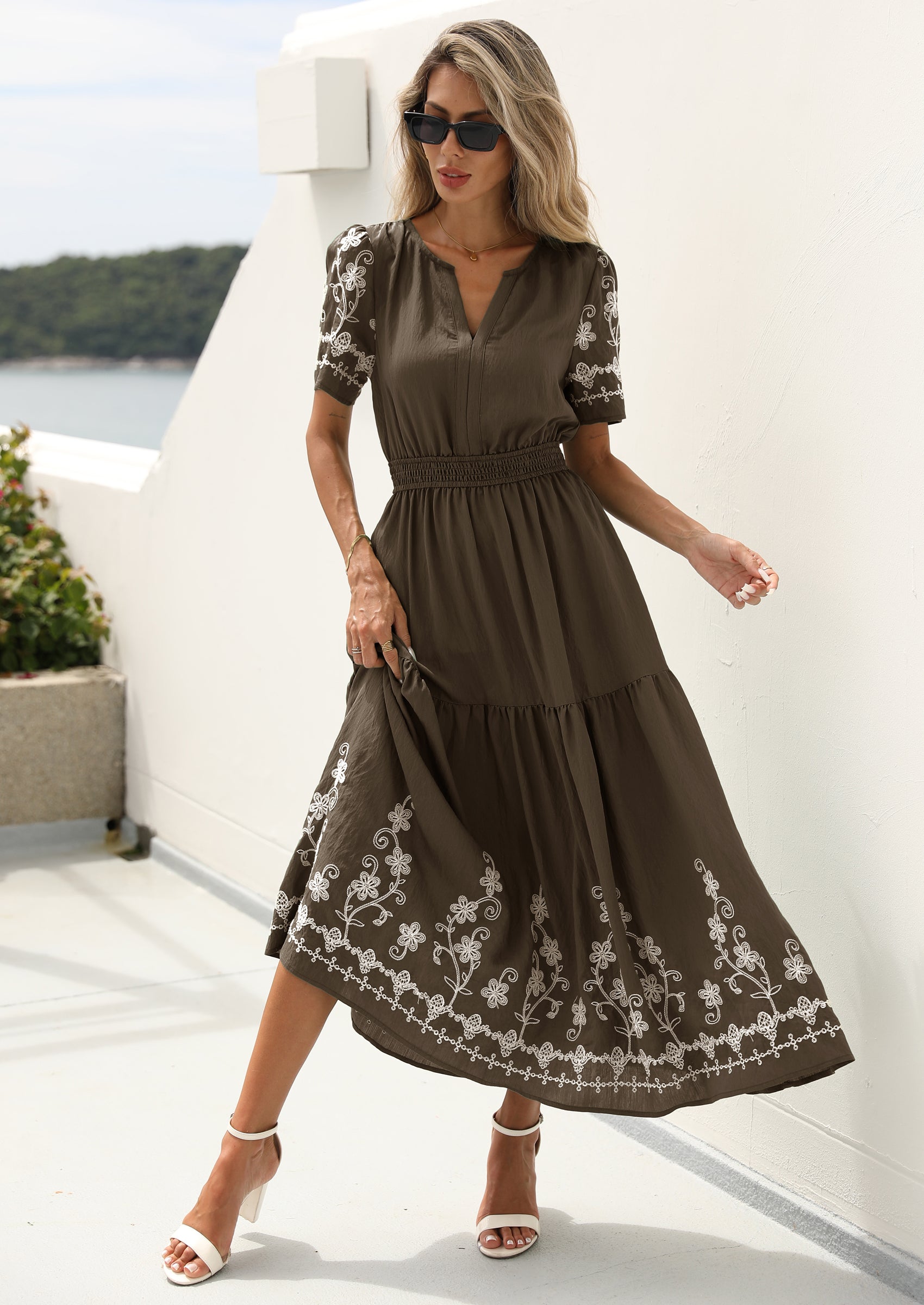 PRETTYGARDEN Women's Summer Boho Maxi Dress Spring Floral Short Sleeve V Neck A Line Flowy Beach Wedding Guest Dresses PRETTYGARDEN