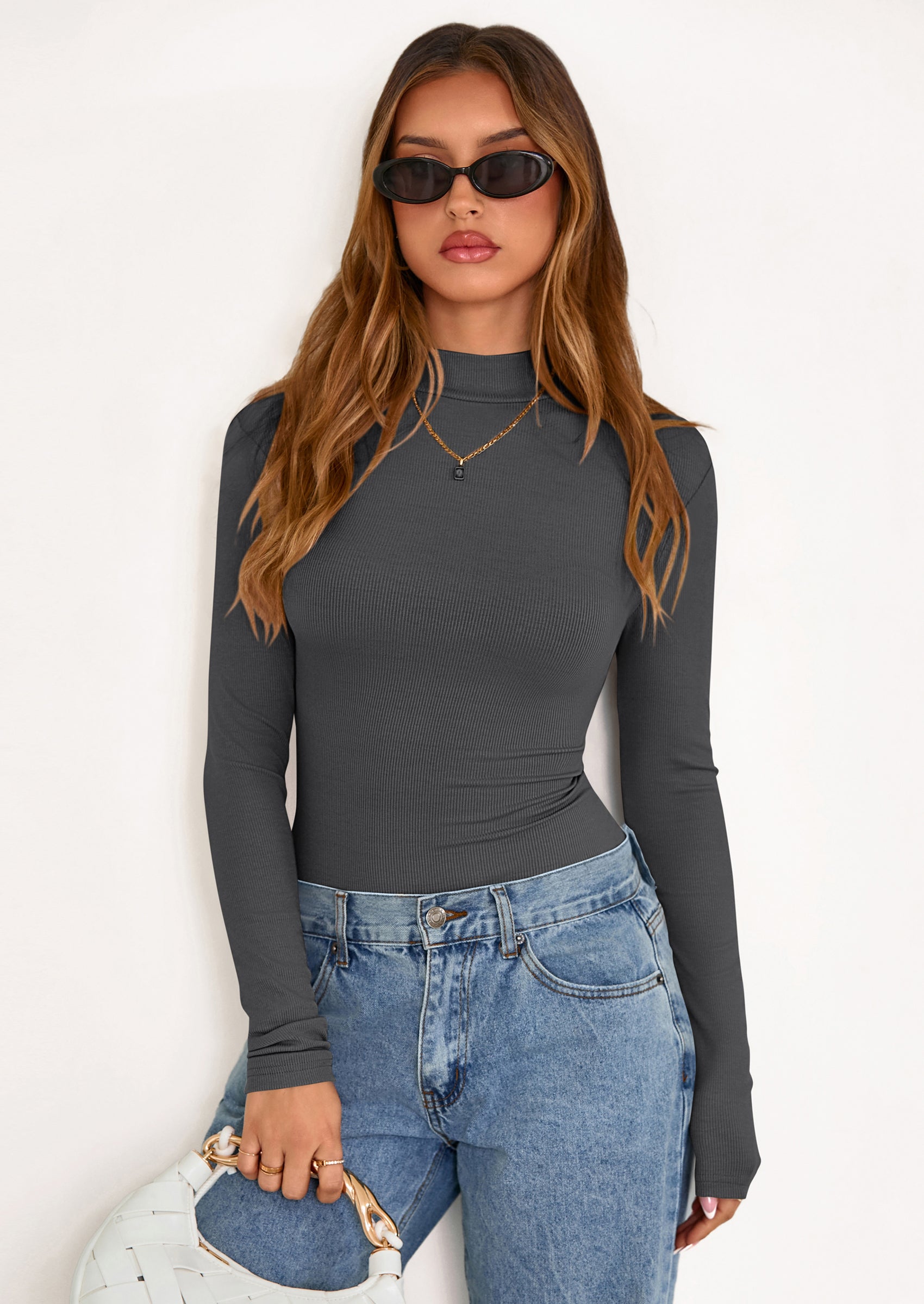 PRETTYGARDEN Women's Turtleneck Long Sleeve Shirts Fall Basic Tees Ribbed Fitted Tops Thermal Layering Knit Top Clothes