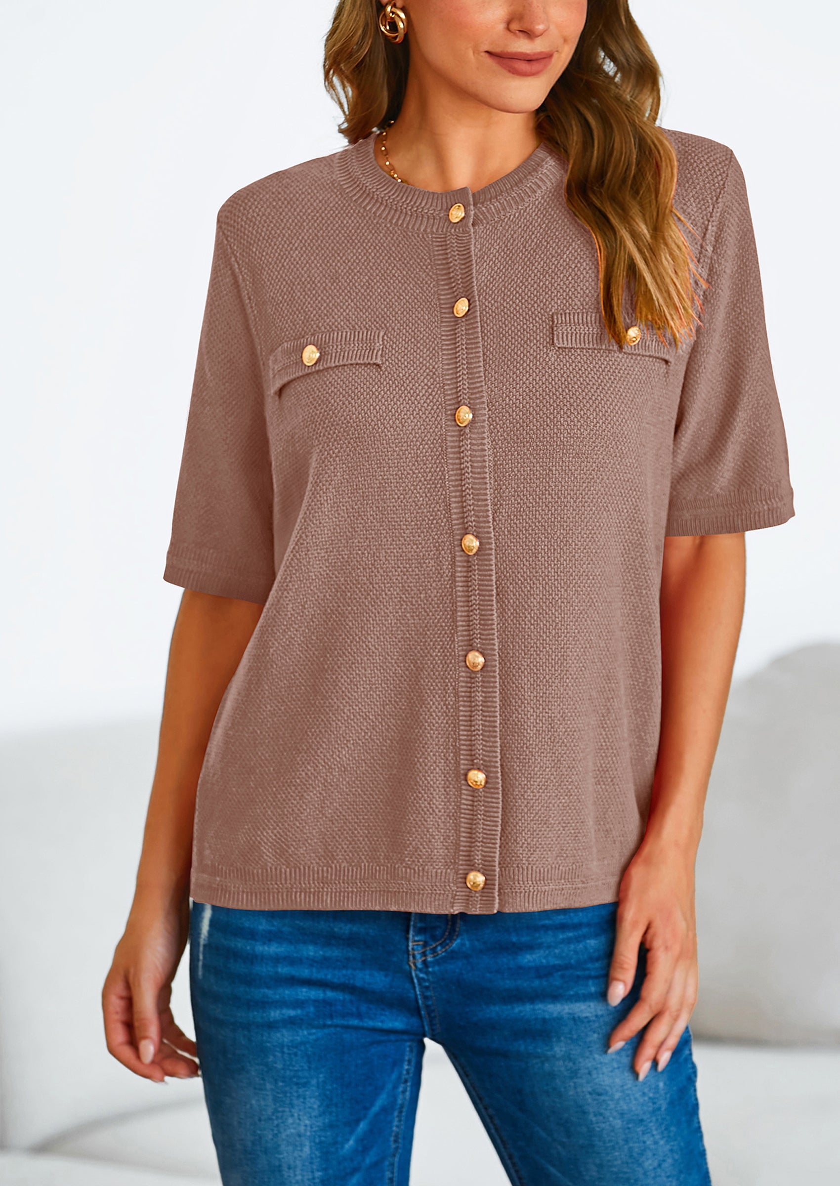 PRETTYGARDEN Women's Summer Button Down Shirts Casual Short Sleeve Crew Neck Ribbed Knit Blouse Top Cardigans