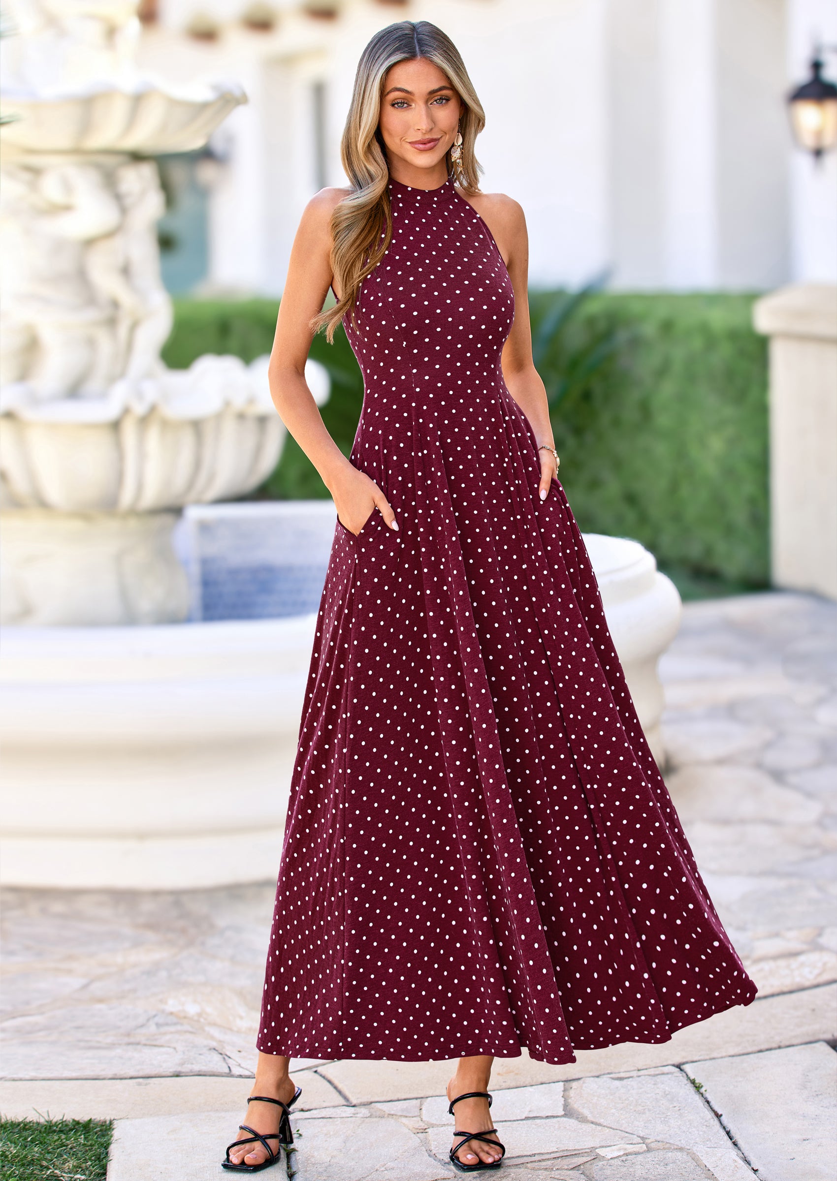 PRETTYGARDEN Summer Halter Dresses for Women Vacation Outfits Sleeveless Polka Dot Sundress Wedding Guest Maxi Dress