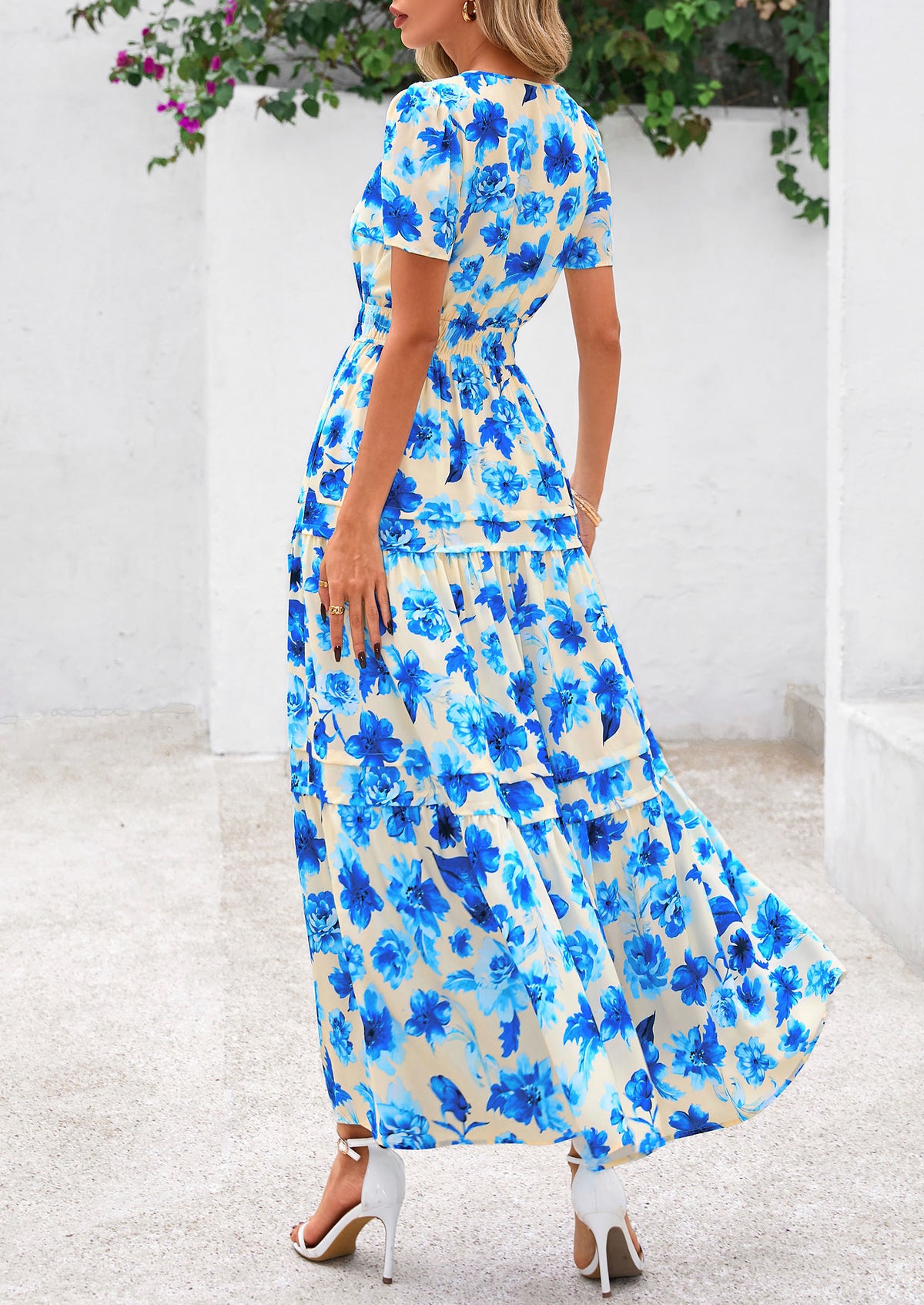 Summer Boho Floral Short Sleeve V Neck A Line Tiered Ruffle Flowy Long Beach Vacation Maxi Dresses