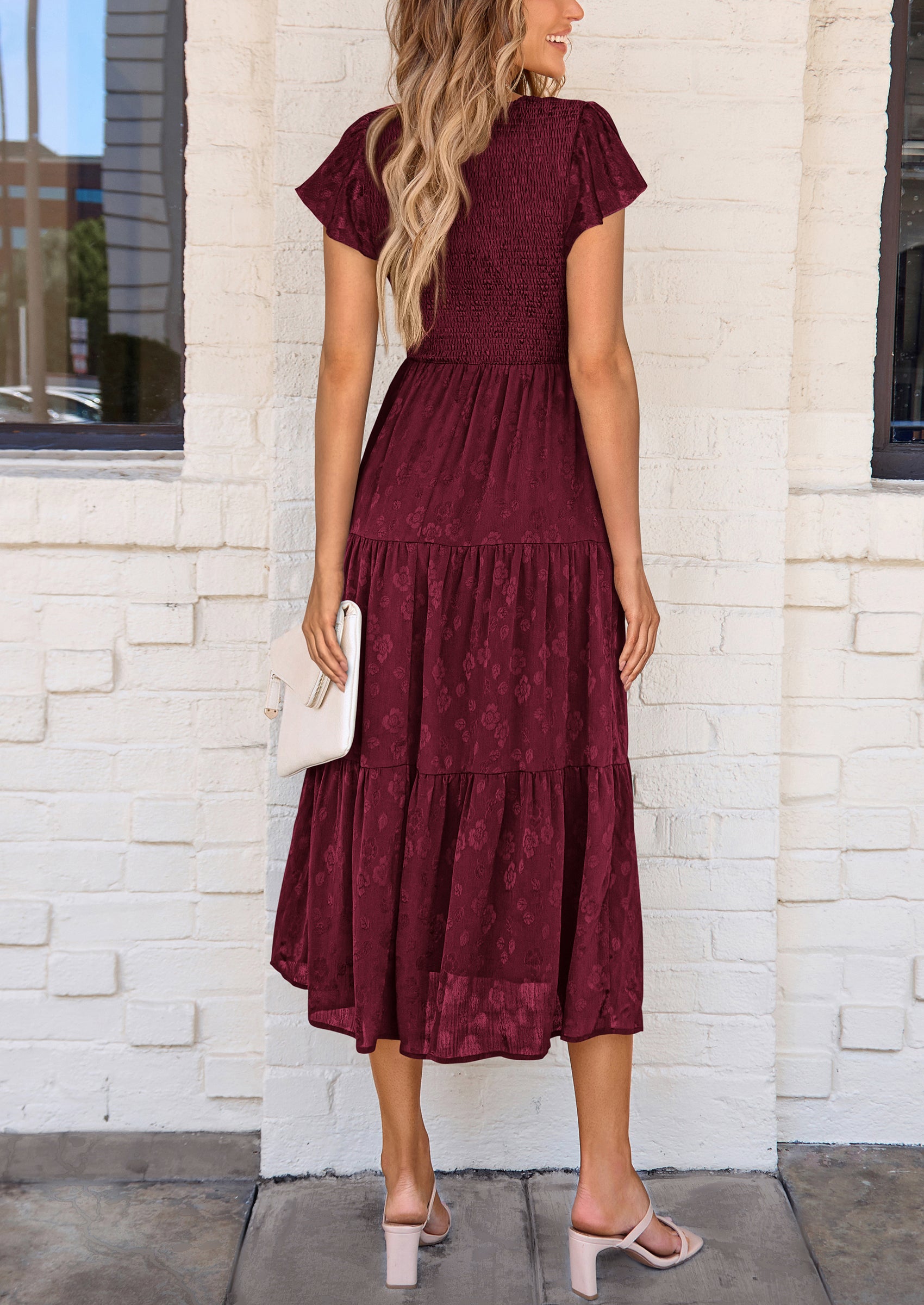 PRETTYGARDEN Midi Dress for Women Summer Floral Cap Sleeve Smocked Ruffle A Line Long Flowy Wedding Guest Dresses