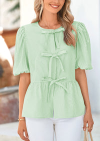 PRETTYGARDEN Women's Tie Front Striped Shirt Summer Trendy Fashion Cute Babydoll Tops Peplum Puffy Sleeve Blouse