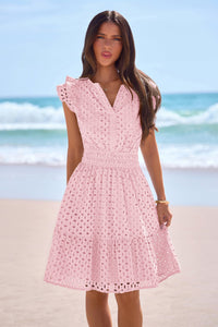 PRETTYGARDEN Women's Summer Sundresses Eyelet Cap Sleeve V Neck Short Boho Wedding Guest Dress Beach Vacation Clothes PRETTYGARDEN