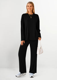 PRETTYGARDEN Women's Two Piece Lounge Sets Matching Long Sleeve Shirts Wide Leg Pants Tracksuits Travel Outfits Fall Clothes