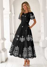 PRETTYGARDEN Boho Dresses for Women Summer Spring Casual Floral Short Sleeve V Neck Maxi Elastic Waist Dress Pockets PRETTYGARDEN