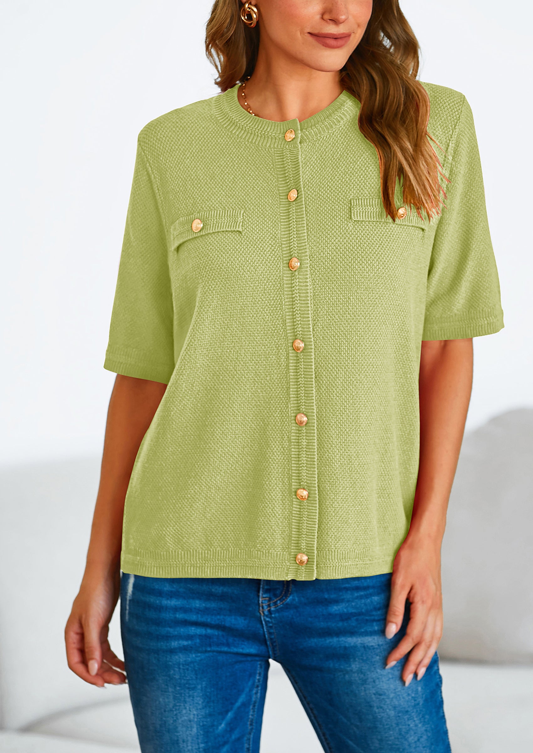 PRETTYGARDEN Women's Summer Button Down Shirts Casual Short Sleeve Crew Neck Ribbed Knit Blouse Top Cardigans