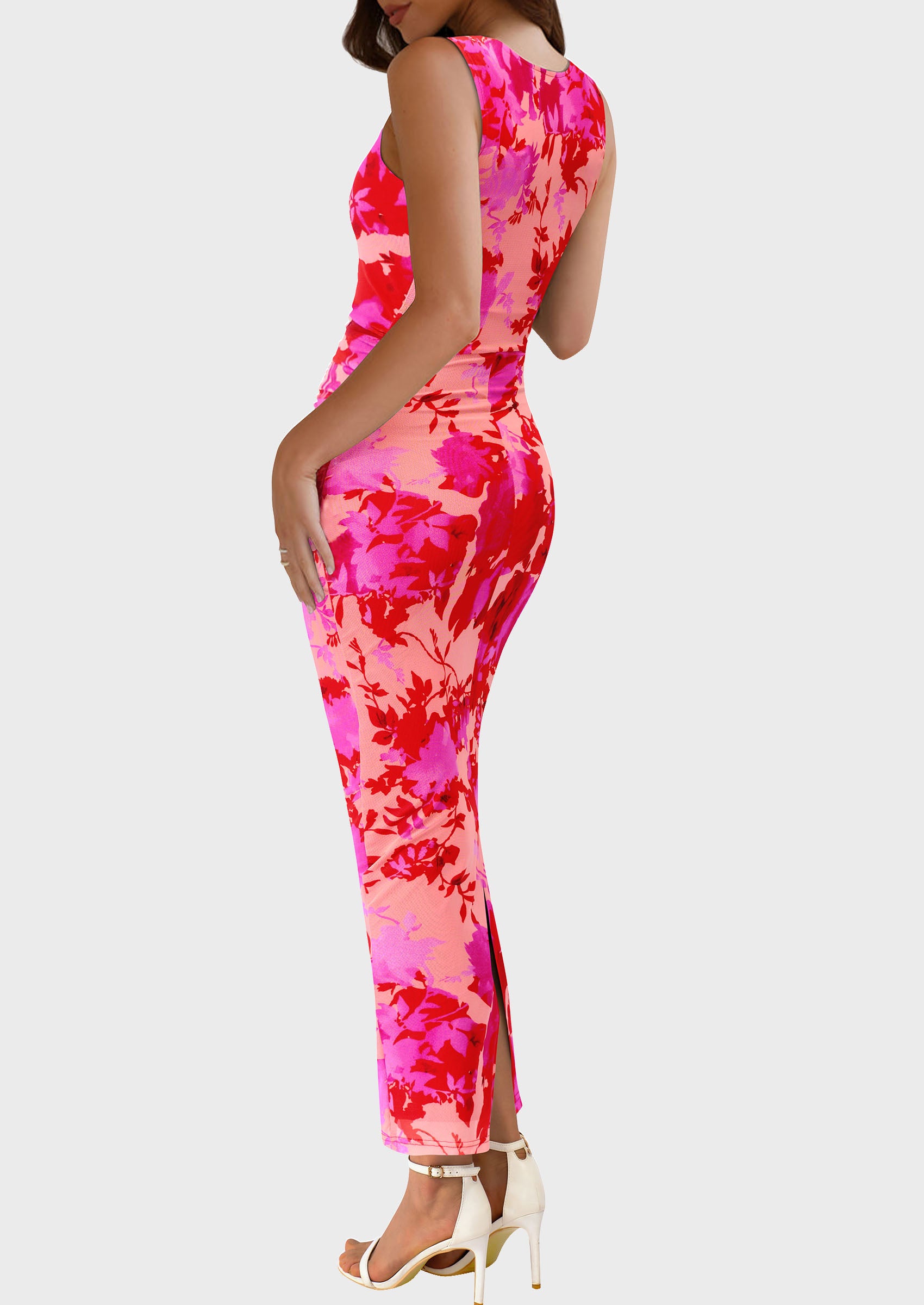 PRETTYGARDEN Wedding Guest Dresses for Women Spring Floral Bodycon Sleeveless Mesh Maxi Long Dress