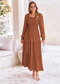 PRETTYGARDEN Fall Wedding Guest Dresses for Women Long Sleeve Square Neck Tiered A Line Modest Elegant Flowy Dresses