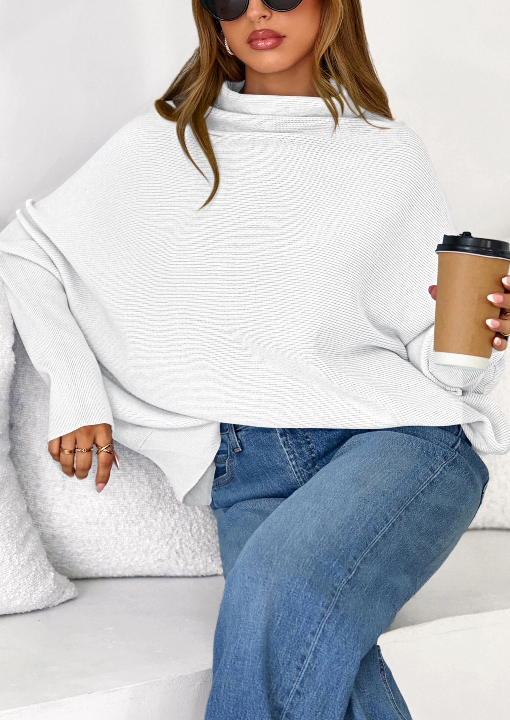 PRETTYGARDEN Womens Sweaters Fall Fashion Casual Loose Turtleneck Batwing Long Sleeve Knit Sweater Pullover Tops