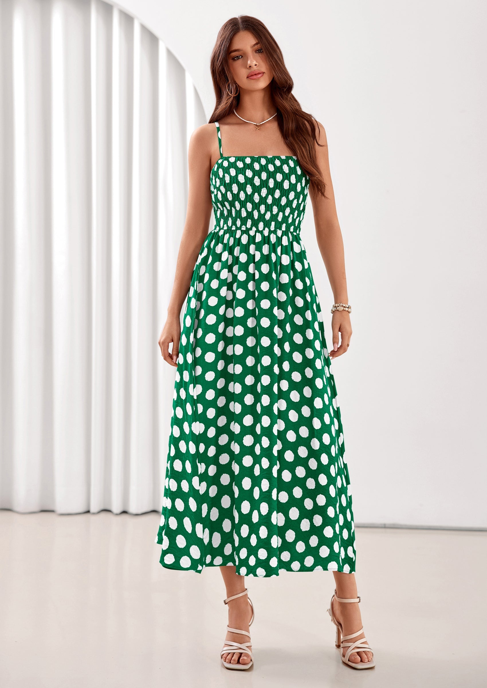 PRETTYGARDEN Womens Summer Dresses Spring Sleeveless Spaghetti Straps Casual Midi Dress Polka Dot Smocked Beach Sundress PRETTYGARDEN