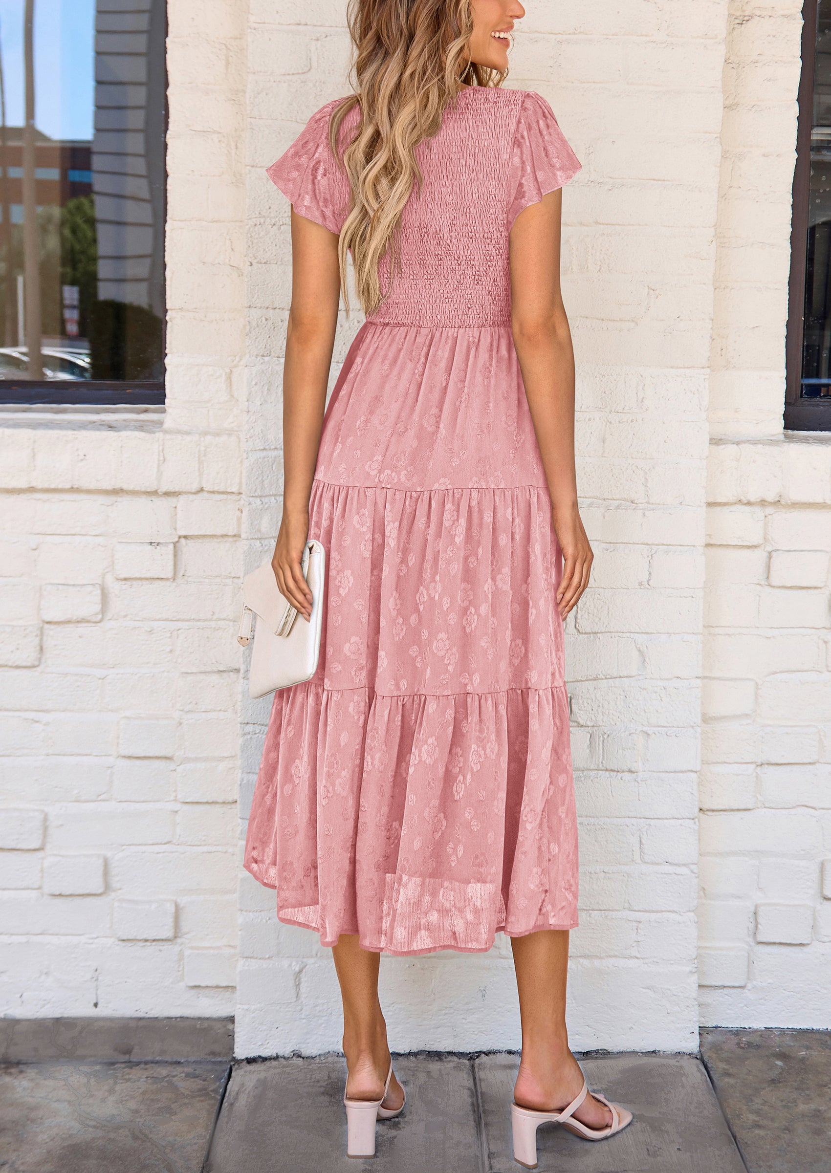 PRETTYGARDEN Midi Dress for Women Summer Floral Cap Sleeve Smocked Ruffle A Line Long Flowy Wedding Guest Dresses