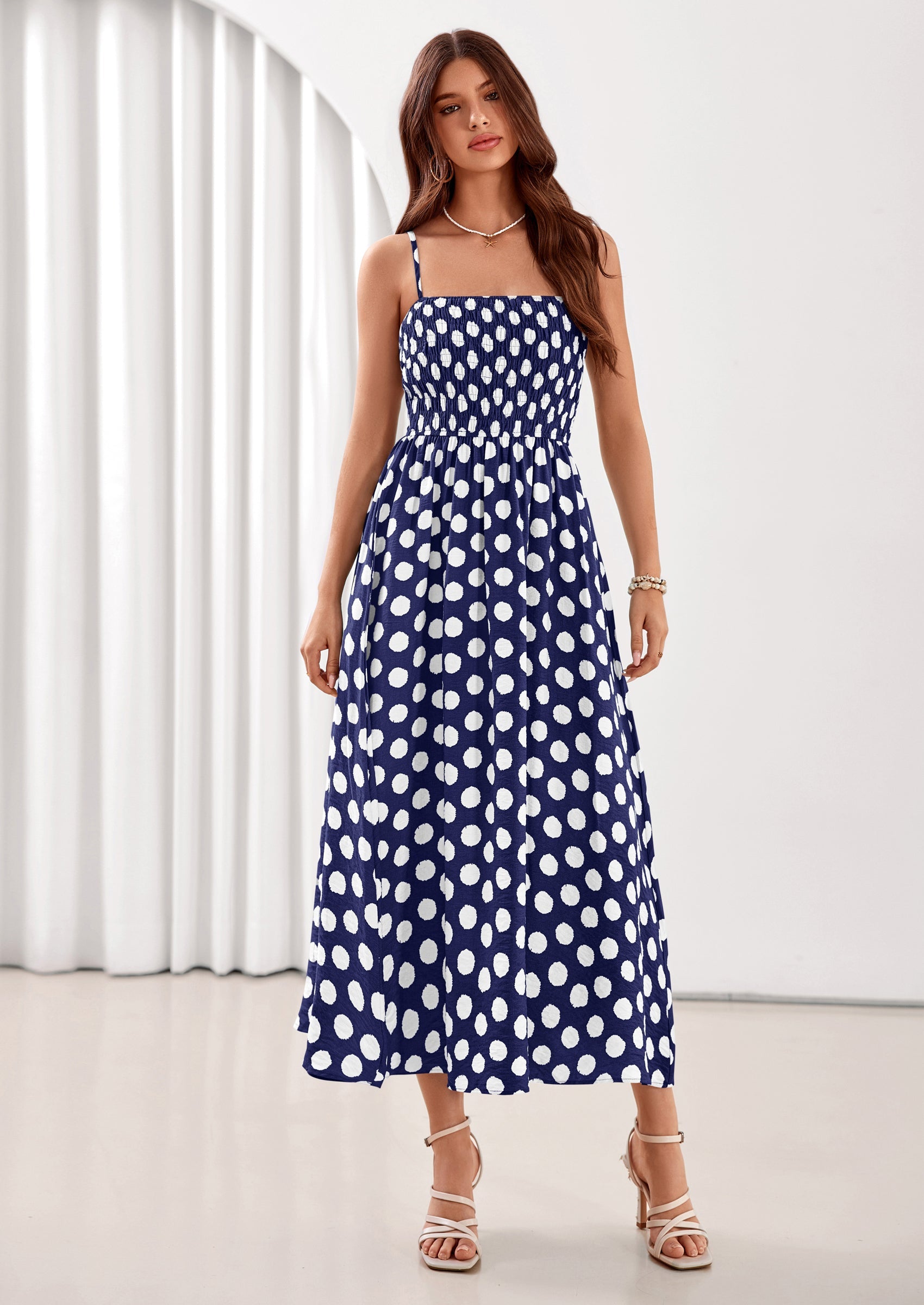 PRETTYGARDEN Womens Summer Dresses Spring Sleeveless Spaghetti Straps Casual Midi Dress Polka Dot Smocked Beach Sundress PRETTYGARDEN