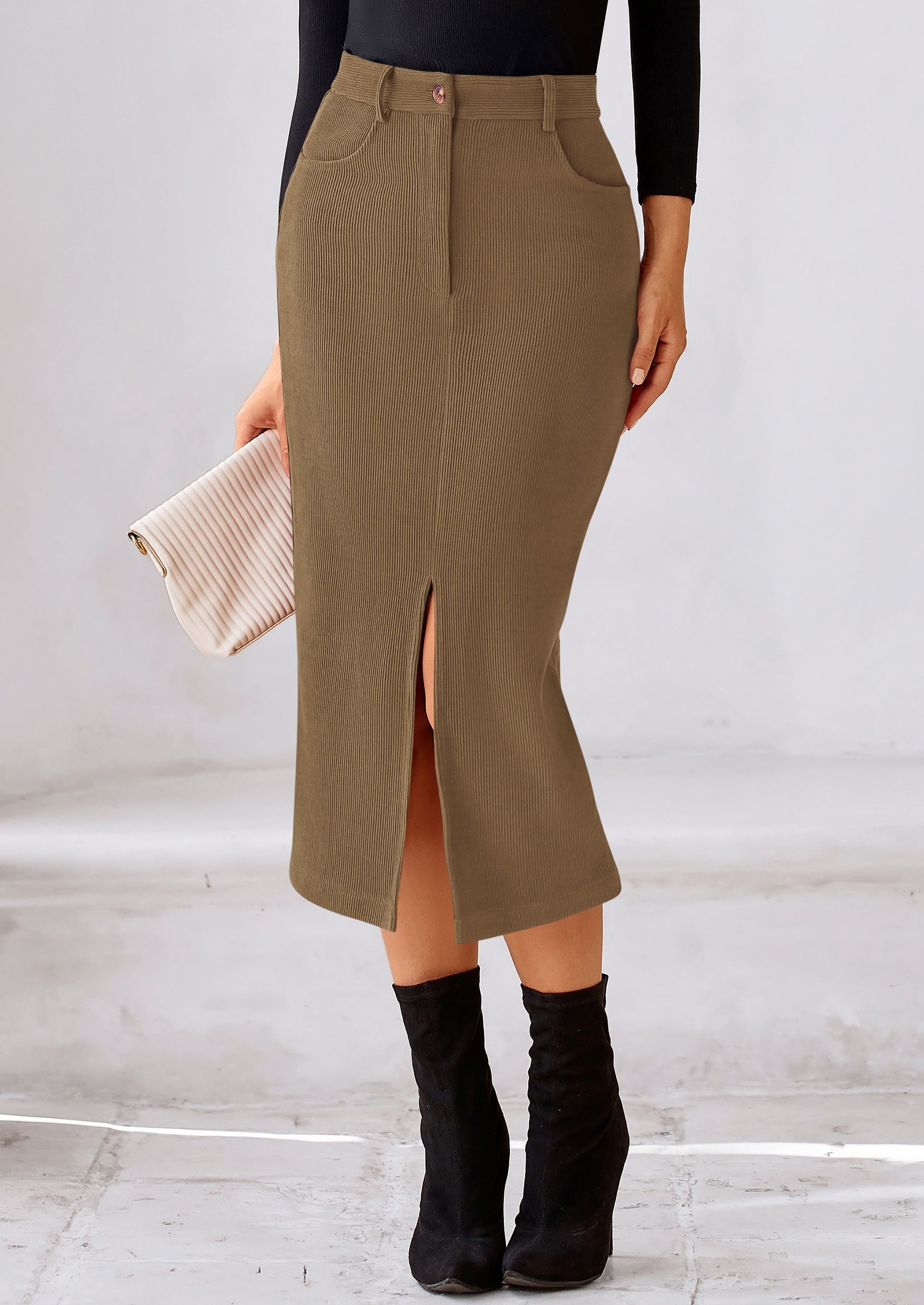 PRETTYGARDEN Corduroy Skirt Women Fall Fashion High Waisted Pencil Midi Skirts Business Casual Work Office Winter Outfit