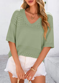 PRETTYGARDEN Women's Short Sleeve Sweater Tops Spring Summer Casual V Neck Ribbed Knit Trendy Eyelet Blouse T Shirts