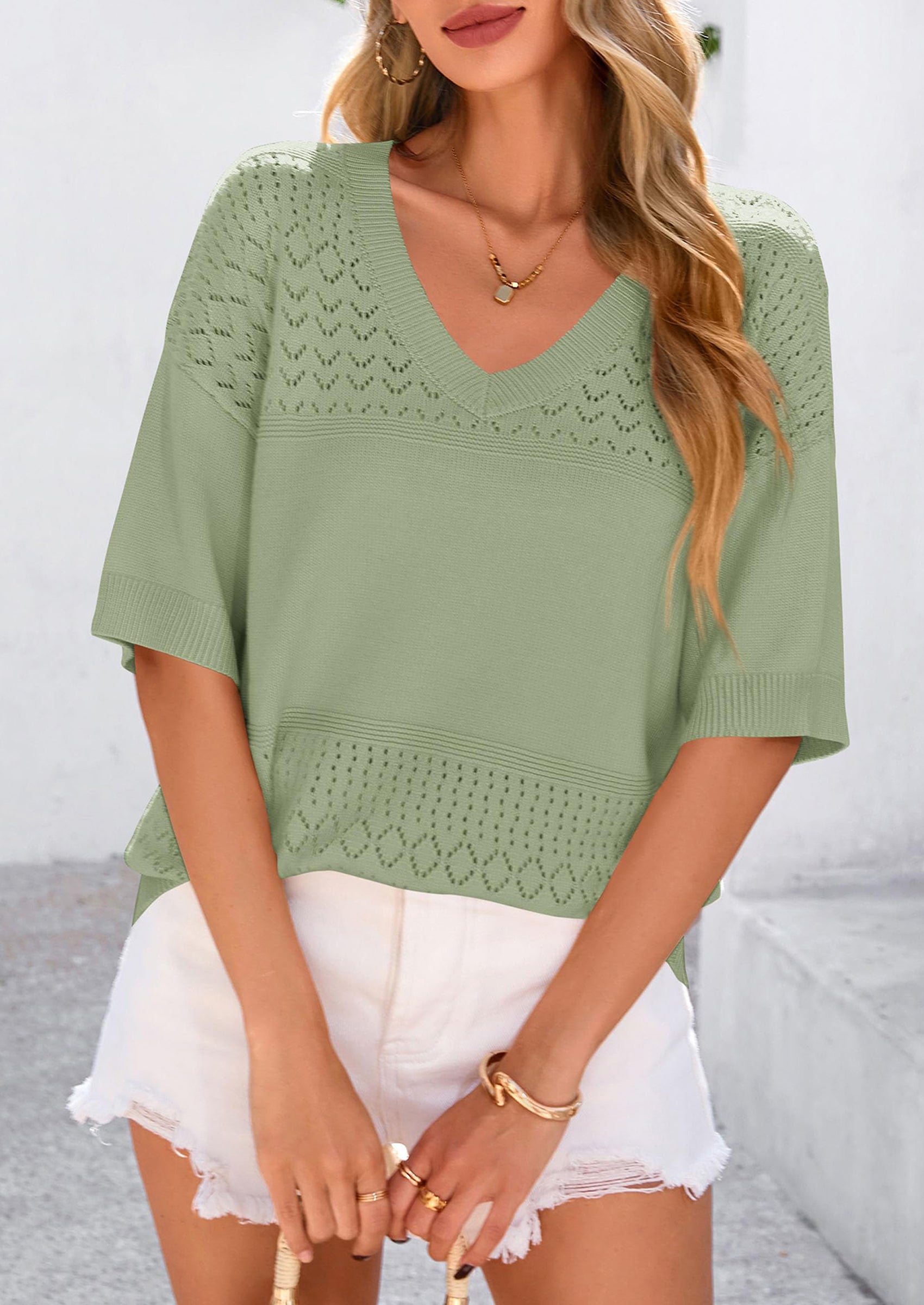 PRETTYGARDEN Women's Short Sleeve Sweater Tops Spring Summer Casual V Neck Ribbed Knit Trendy Eyelet Blouse T Shirts